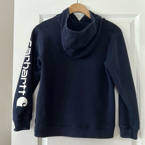 Carhartt Navy Blue Graphic Hoodie w Kanga Pockets, Logos Size L 14/16 - Picture 7 of 9